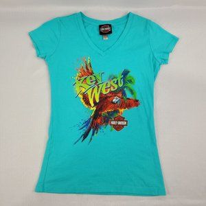 Harley Davidson T-Shirt Petersons Key West Florida Teal Parrot Womens size Small